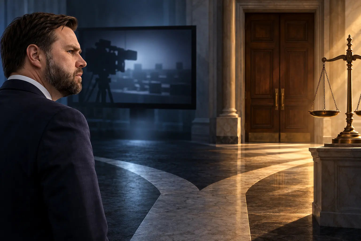 AI-assisted editorial illustration of JD Vance between a dark broadcast screen and courtroom scales, symbolizing the JD Vance execution livestream reversal.