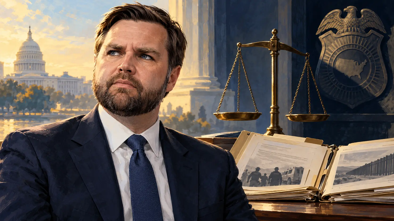 AI-assisted editorial illustration of JD Vance beside scales, case files and federal enforcement symbols representing JD Vance ICE accountability.
