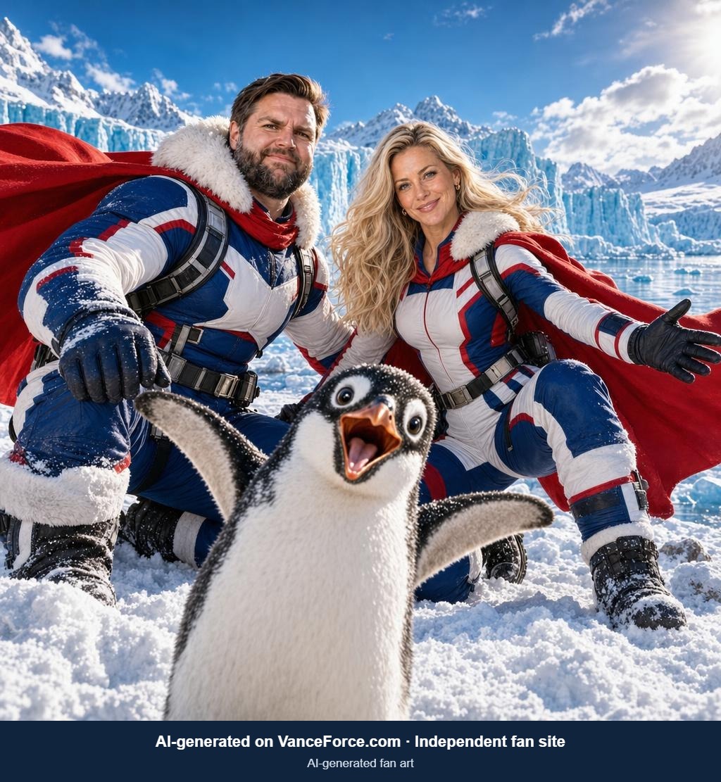 AI-generated fictional scene with JD Vance: Penguin takes the lead, Scene setting. Not a real meeting.