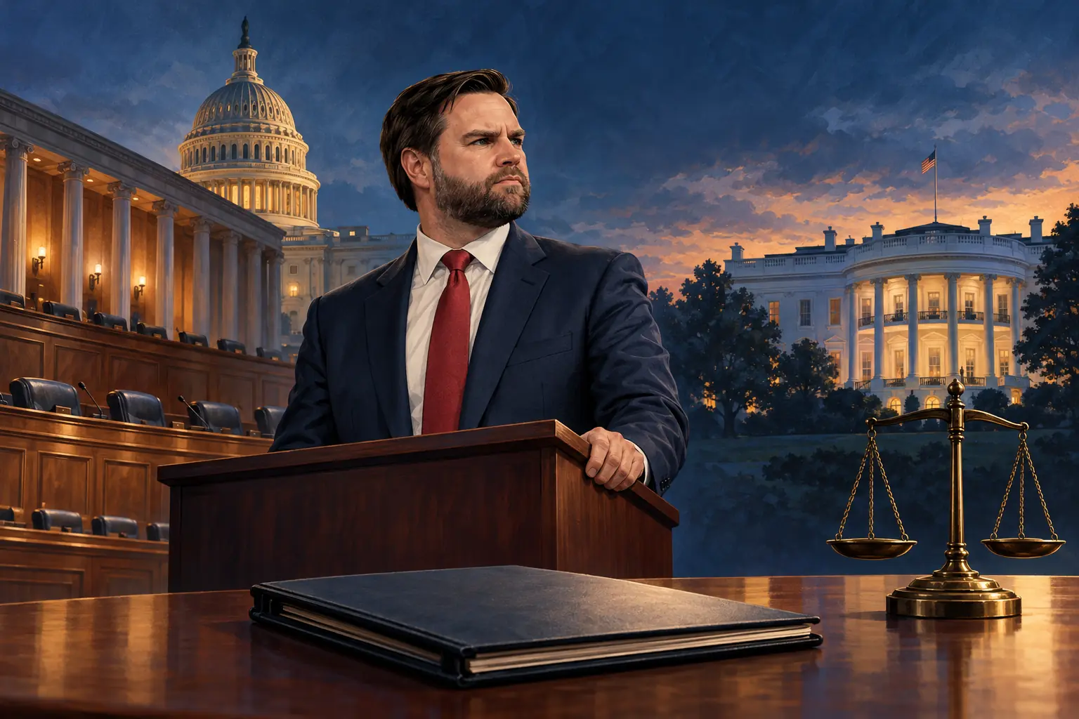 AI-assisted editorial illustration visualizing the JD Vance subpoena pledge with the Capitol, White House, legal folder and scales of justice.