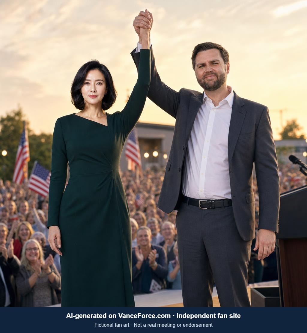 AI-generated fictional scene with JD Vance: Together on stage, Speech stage & crowd. Not a real meeting.