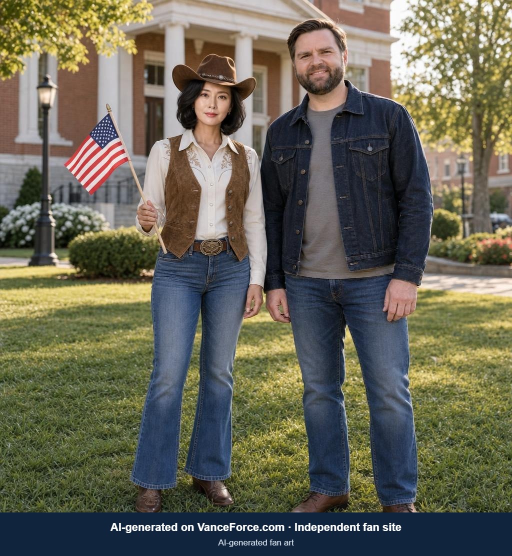 AI-generated fictional scene with JD Vance: Stars & stripes, Scene setting. Not a real meeting.