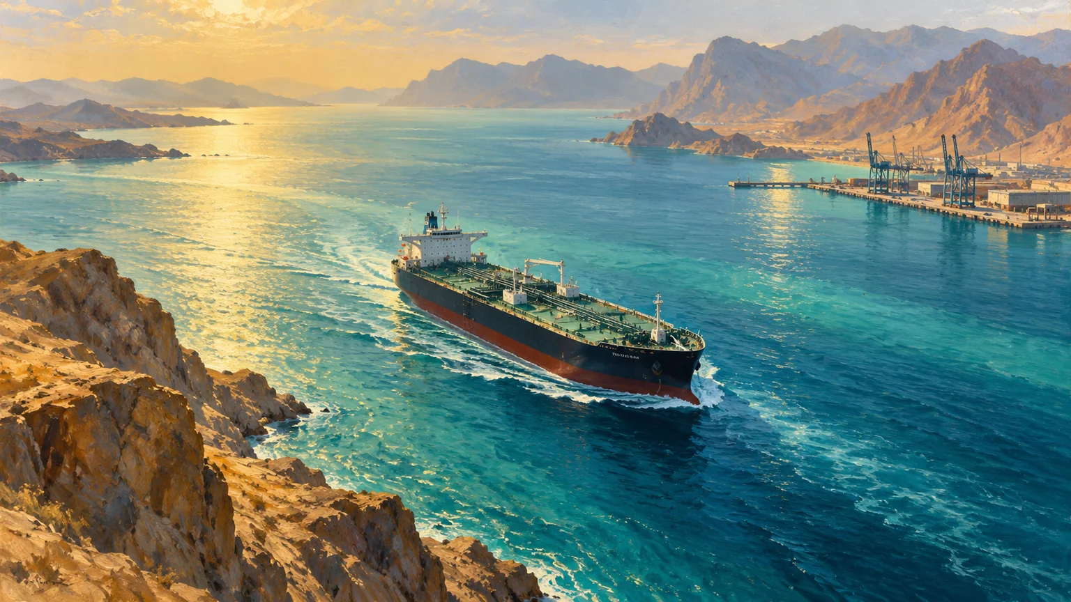 AI-assisted editorial illustration of an intact merchant tanker passing through a calm Strait of Hormuz-inspired port landscape.