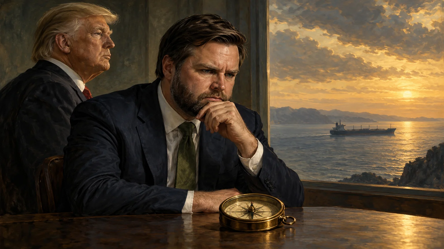 AI-assisted editorial illustration of JD Vance and Donald Trump with a compass and distant ship, symbolizing foreign-policy strategy.
