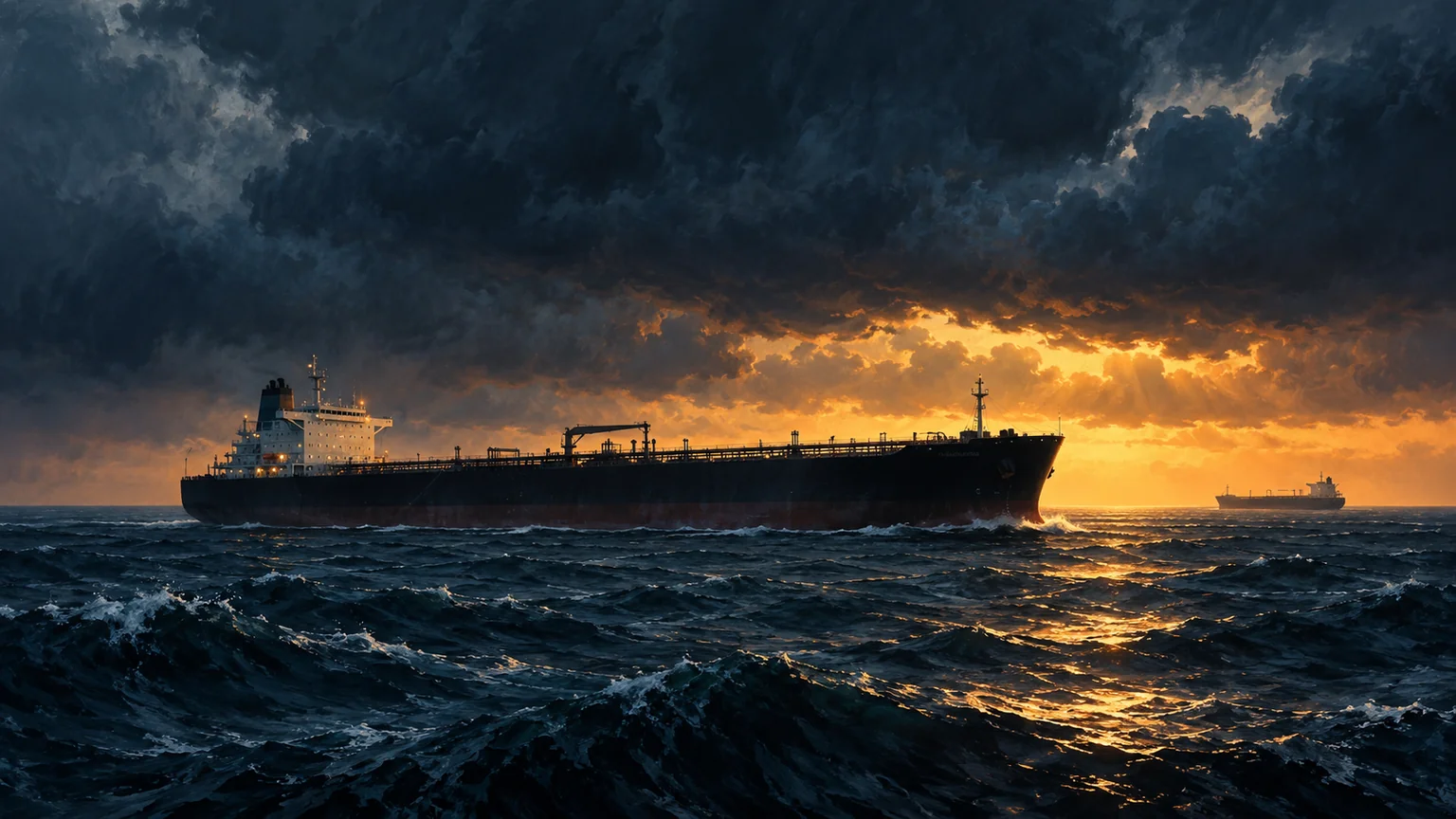 AI-assisted editorial illustration of intact tankers at sea beneath dramatic dusk clouds, symbolizing pressure on maritime strategy.