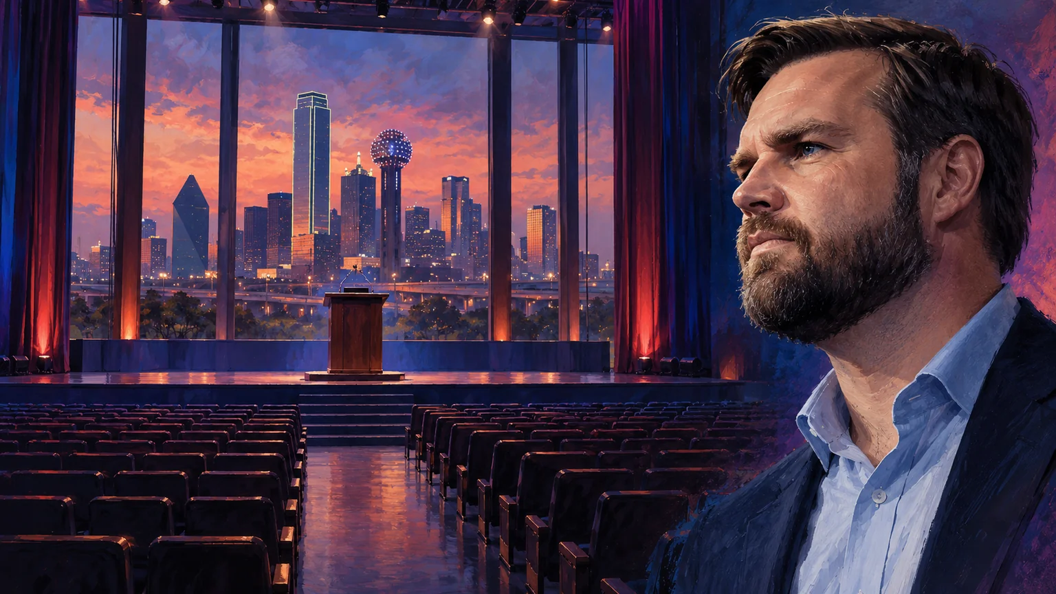 AI-assisted editorial illustration of JD Vance beside an empty conceptual convention stage and the Dallas skyline.
