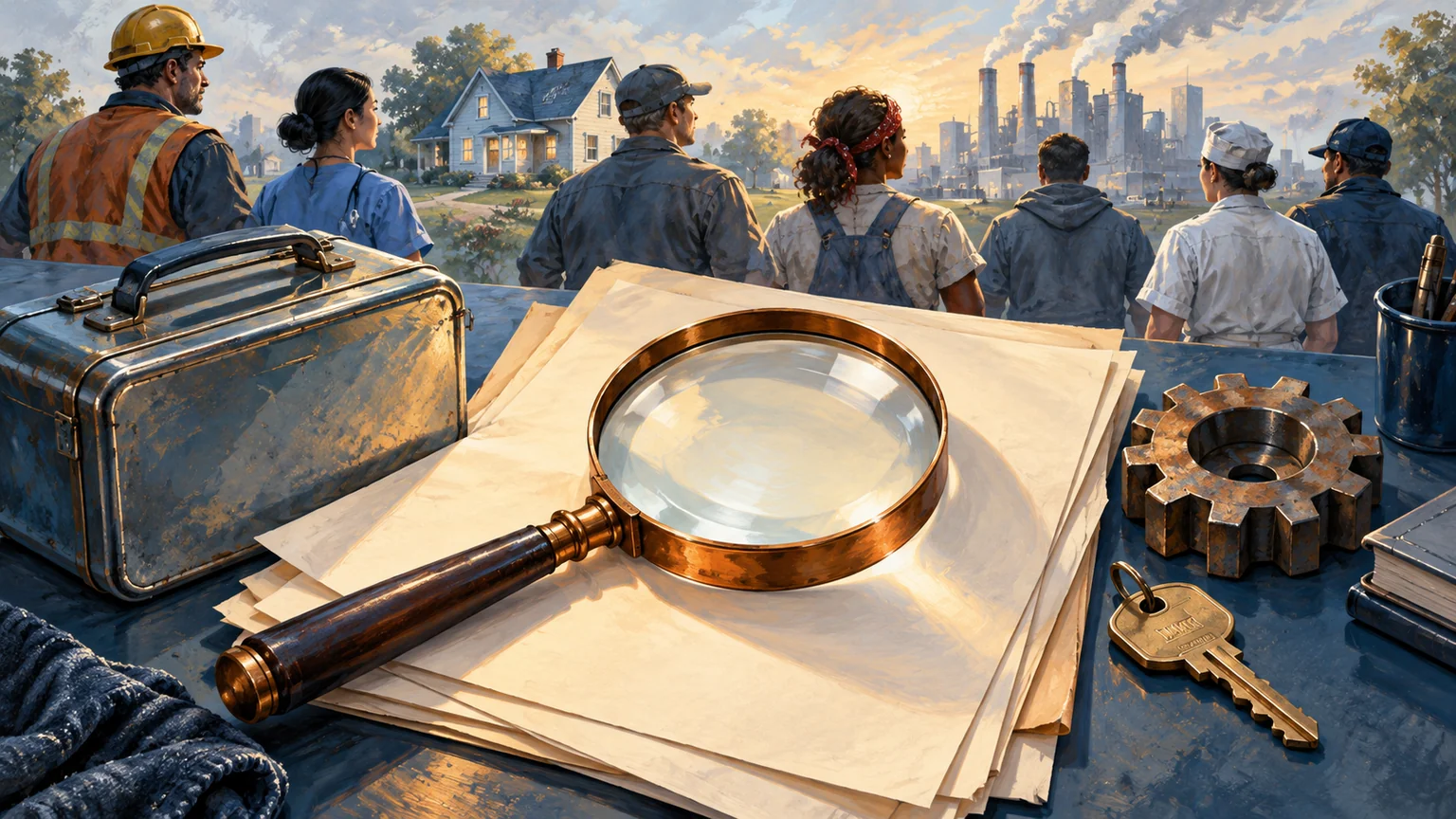 AI-assisted editorial illustration of a magnifying glass, blank papers and work tools with workers and workplaces in the background.