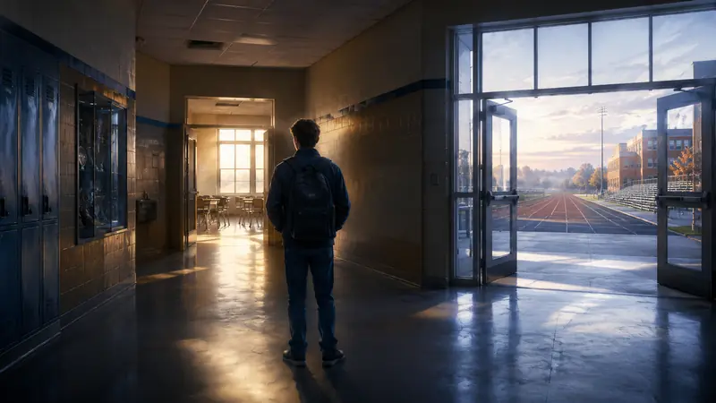 Illustrated high-school graduate looking across a football field toward a bright horizon.