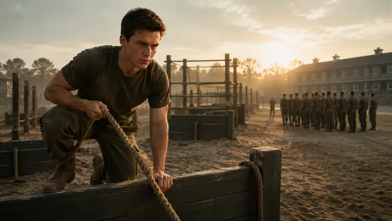 Cinematic editorial illustration of a young Marine in training at sunrise.