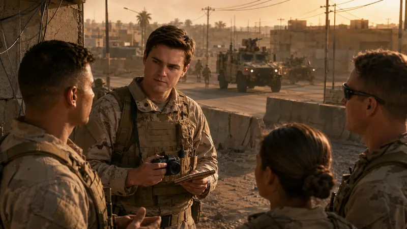 Respectful illustrated scene of a Marine public-affairs specialist working near a desert airfield in Iraq.