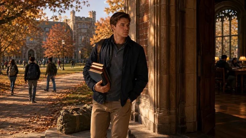 Cinematic editorial illustration of a veteran studying beneath autumn trees at Ohio State.