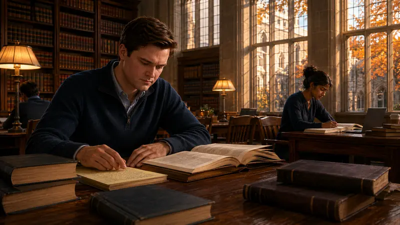 Warm cinematic illustration of JD Vance studying in a grand Yale law library.