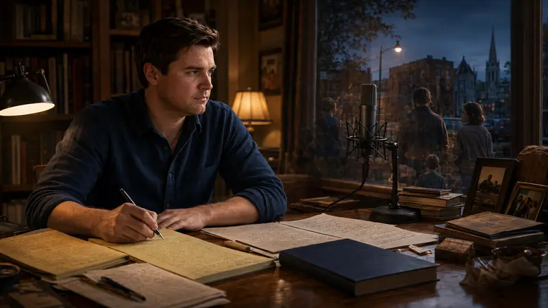 Cinematic editorial illustration of an author writing at a desk as pages connect Ohio and Appalachia.
