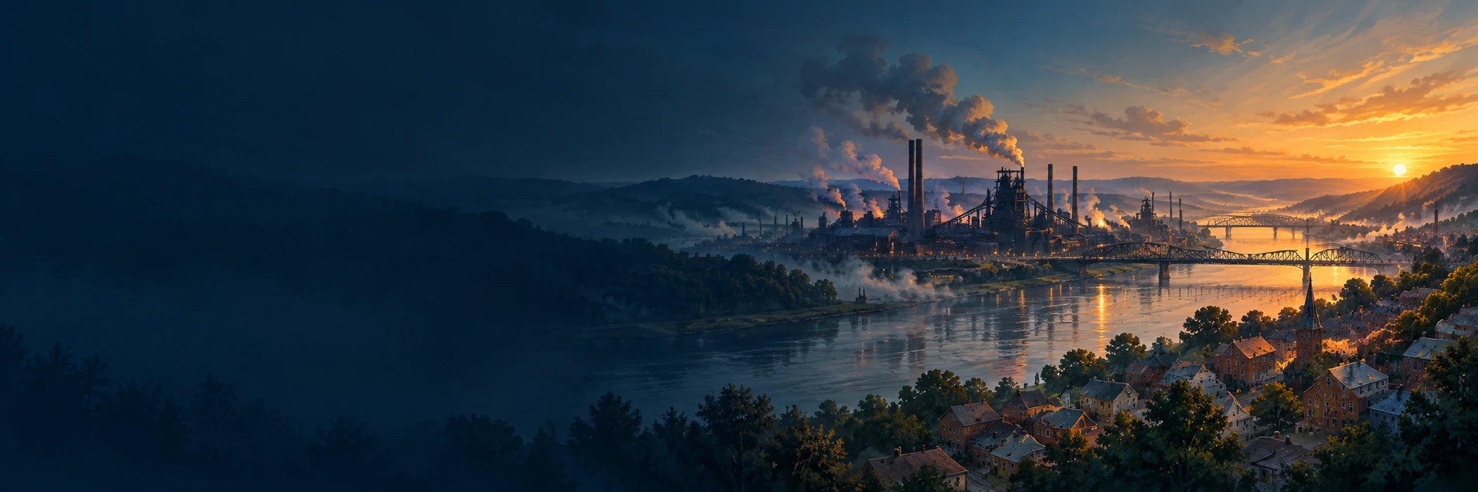 An illustrated Ohio steel-town riverfront at sunrise, with neighborhood rooftops and steelworks along the water.