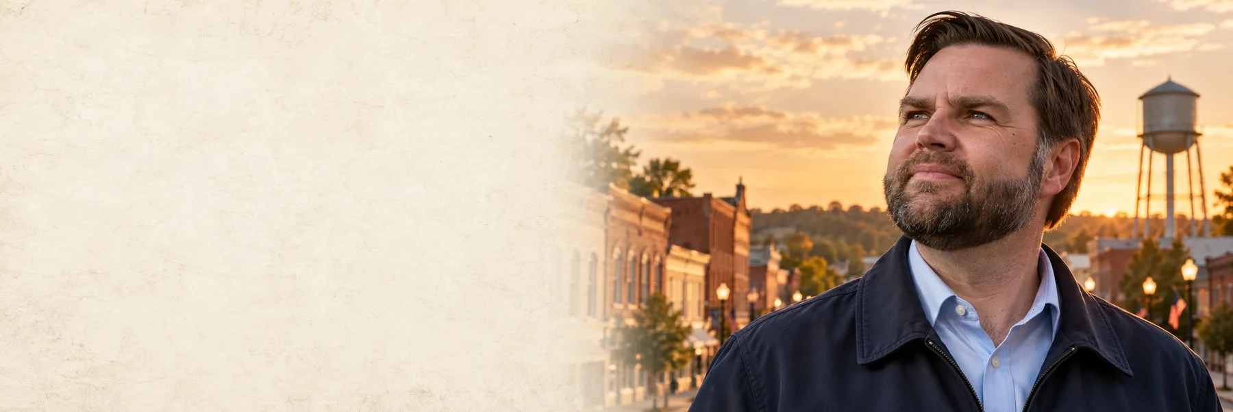 Illustrated portrait of JD Vance with a small-town Ohio backdrop