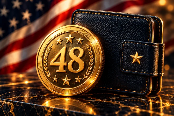 A symbolic gold 48 token beside a midnight-blue wallet