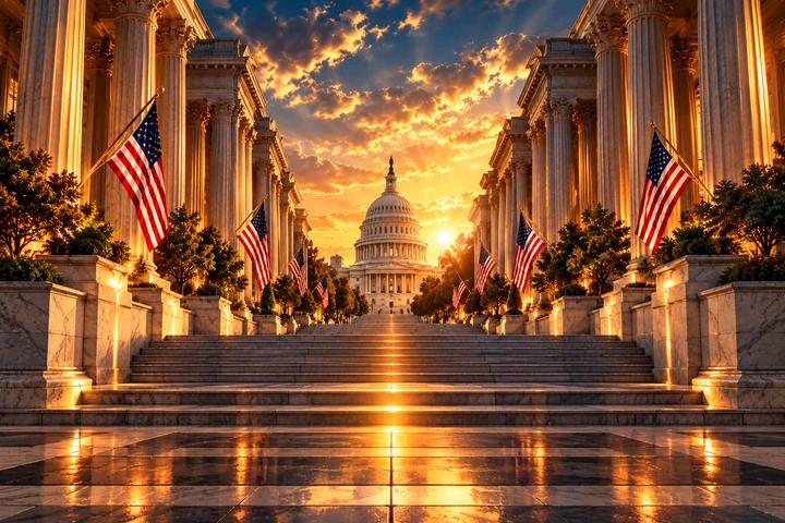 A sunlit avenue through monumental architecture toward the Capitol