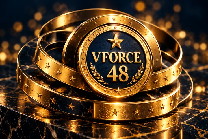 Sculpted golden rings surrounding a VFORCE 48 emblem