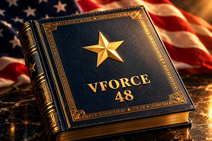 A gold star embossed on a midnight-blue VFORCE 48 project book
