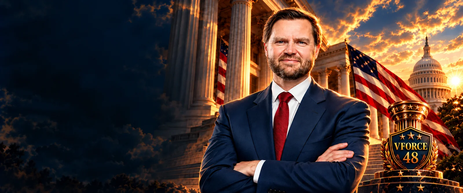 JD Vance in a navy suit and crimson red tie beside a golden torch and VFORCE 48 shield. AI-created community artwork.