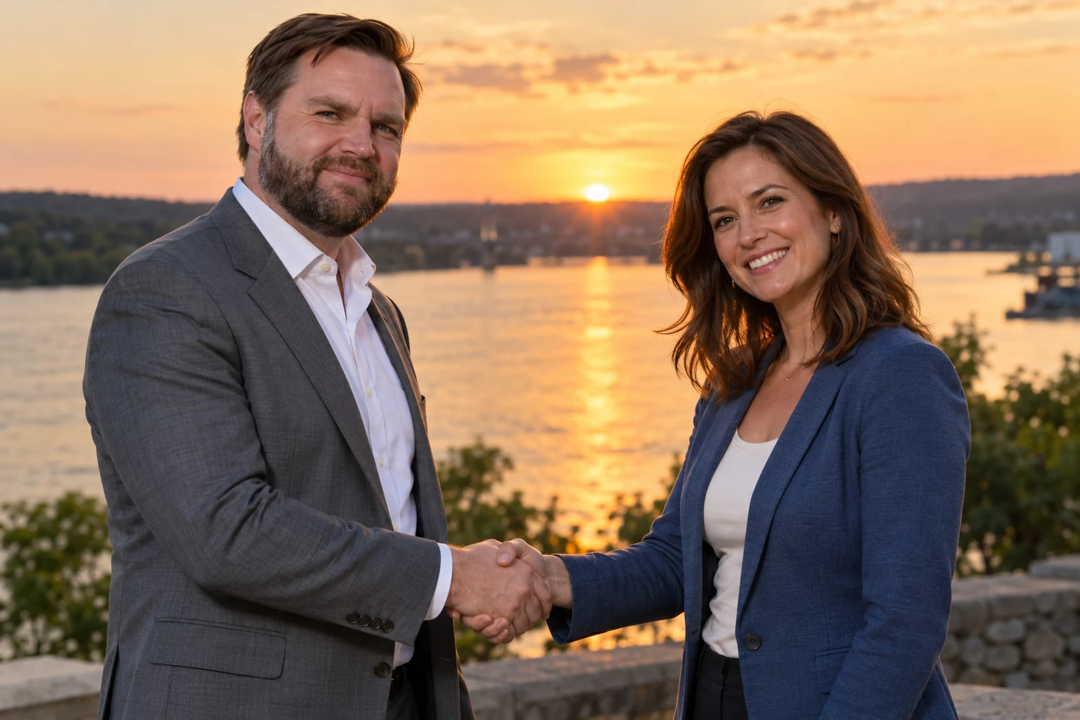 AI scene example: Natural handshake. JD Vance with a fictional adult visitor.