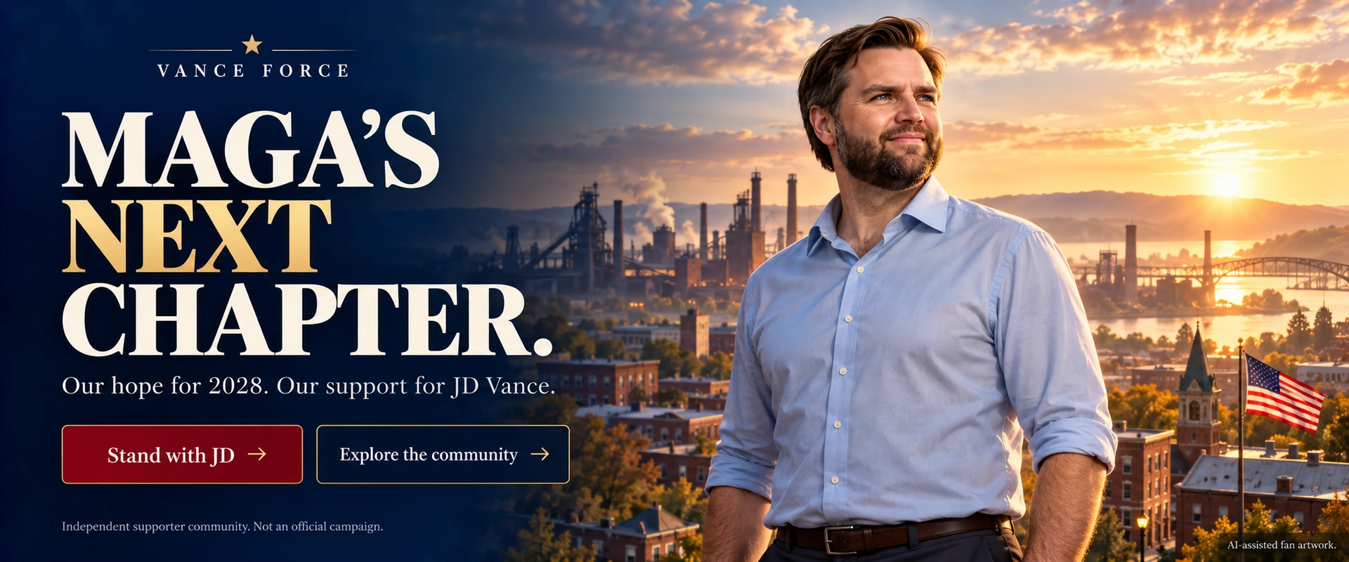 AI fan artwork of JD Vance in a rolled-sleeve shirt overlooking an American industrial town at sunrise.